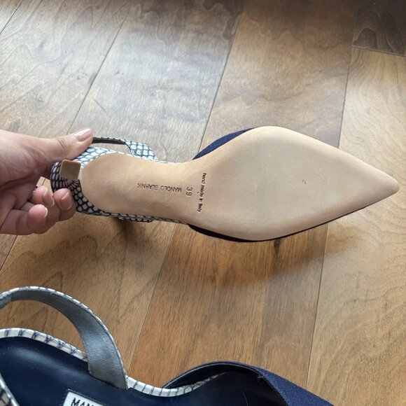 Manolo Blahnik Carolyn Navy Blue Linen Slingback Pump Featuring Almond Toe - Picture 5 of 5